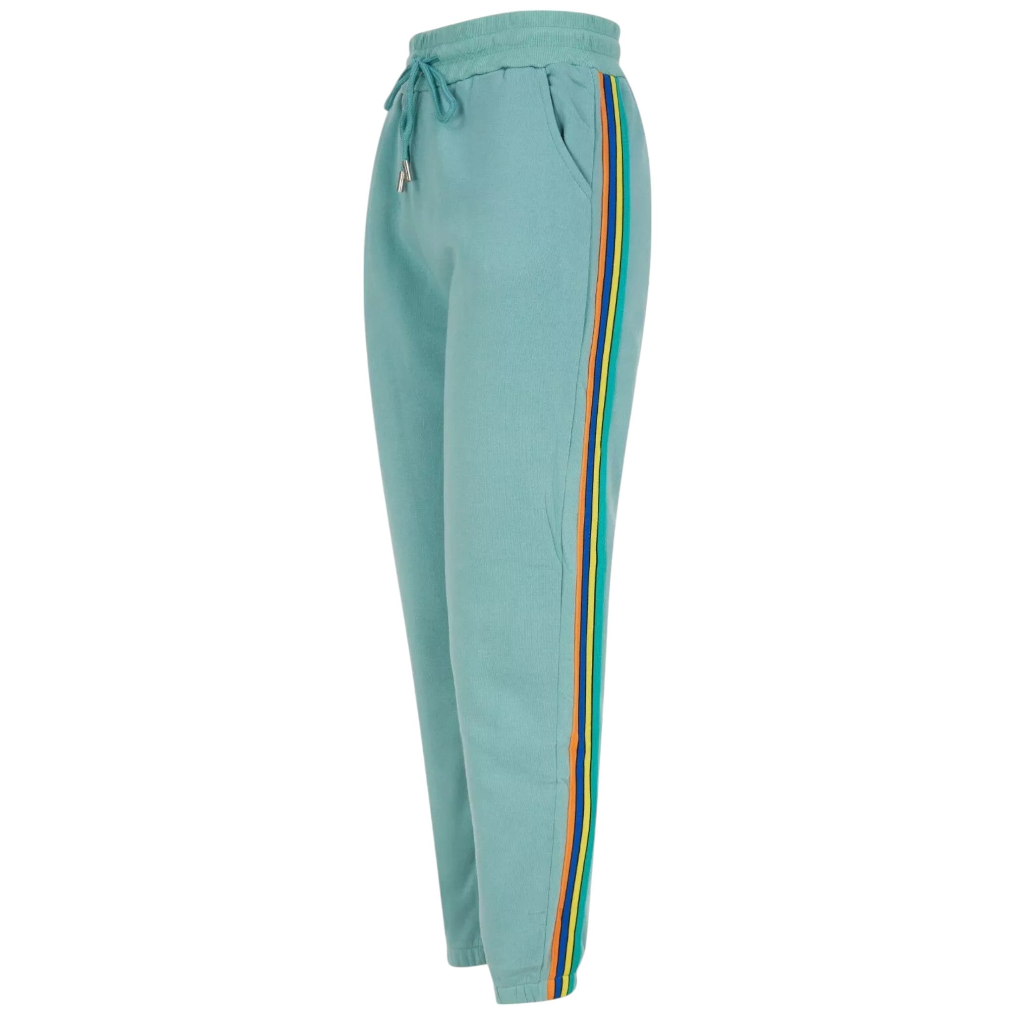 Ladies mint joggers with side stripe, drawstring waist, elastic cuffed ankles, casual lounge pants, sporty stretch fit